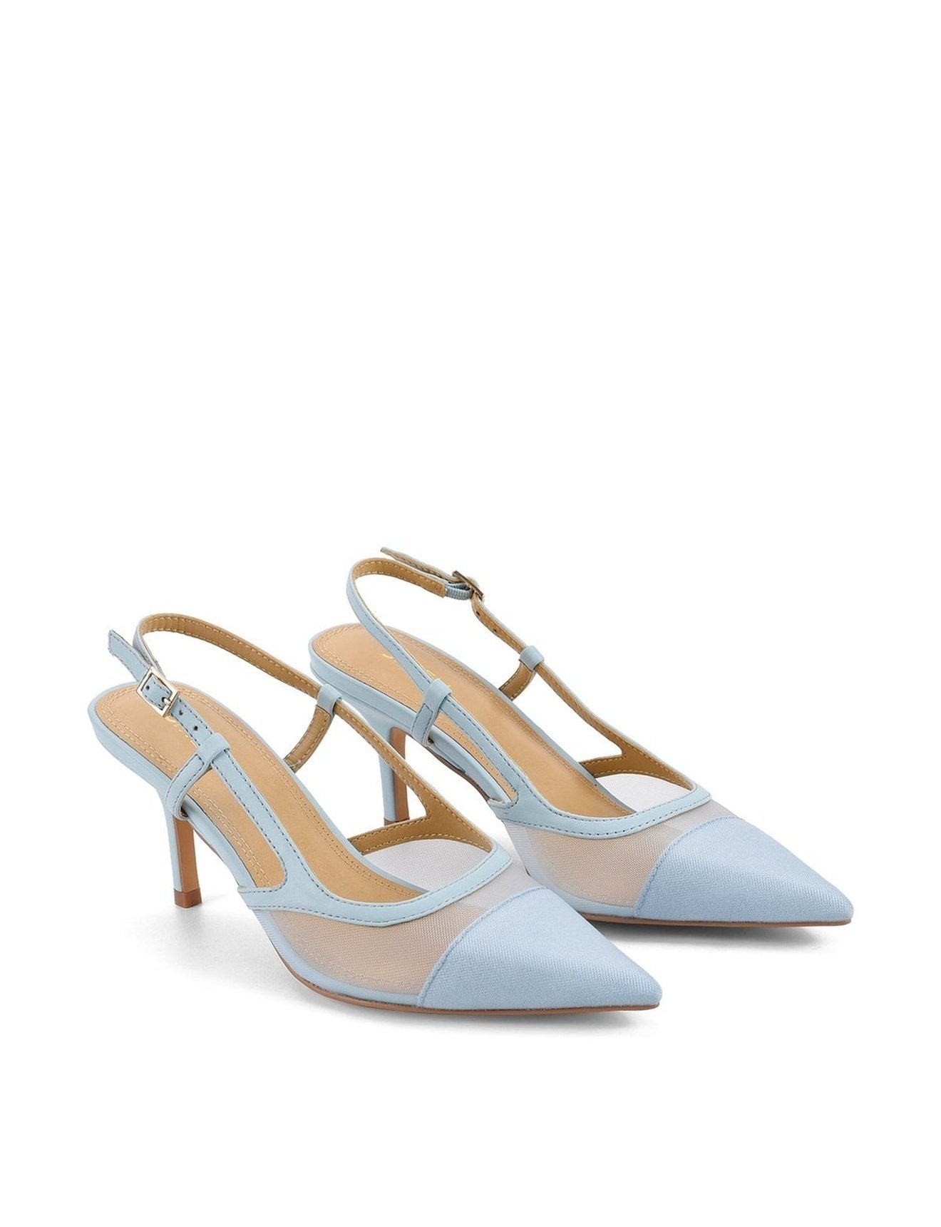 Pale blue leather slingback pointed toe pumps with mesh detailing and adjustable buckle fastening
