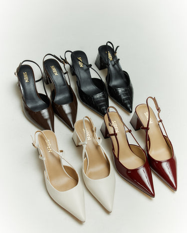 Women's chocolate brown patent leather slingback block heel with buckle fastening and pointed toe