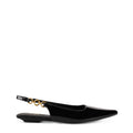 Womens black patent slingback flats with pointed toe and brass detail