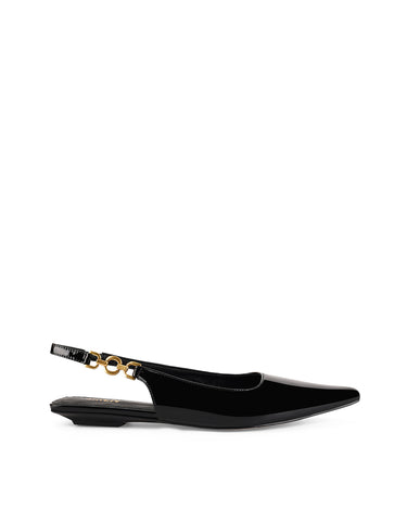 Womens black patent slingback flats with pointed toe and brass detail
