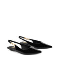 Womens black patent slingback flats with pointed toe and brass detail