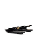 Womens black patent slingback flats with pointed toe and brass detail