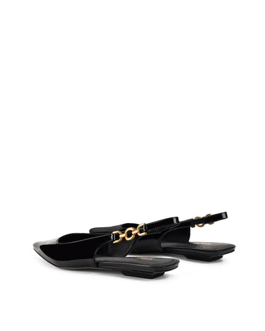 Womens black patent slingback flats with pointed toe and brass detail