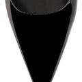 Womens black patent slingback flats with pointed toe and brass detail