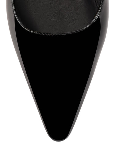 Womens black patent slingback flats with pointed toe and brass detail