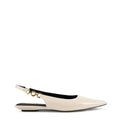 Womens white patent slingback flats with pointed toe and brass detail