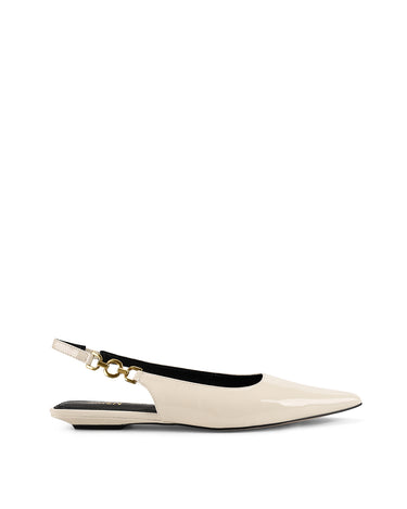 Womens white patent slingback flats with pointed toe and brass detail