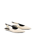 Womens white patent slingback flats with pointed toe and brass detail