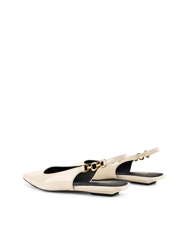 Womens white patent slingback flats with pointed toe and brass detail