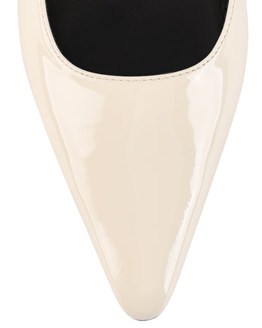 Womens white patent slingback flats with pointed toe and brass detail