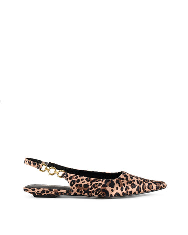 Womens leopard print satin slingback flat with pointed toe and brass details