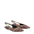 Womens leopard print satin slingback flat with pointed toe and brass details