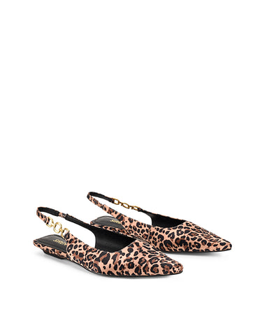 Womens leopard print satin slingback flat with pointed toe and brass details
