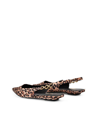 Womens leopard print satin slingback flat with pointed toe and brass details