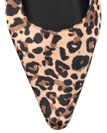 Womens leopard print satin slingback flat with pointed toe and brass details