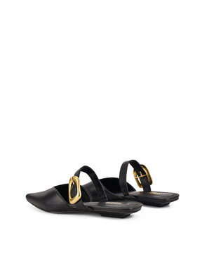 Women's flat pointed toe mule with gold buckle