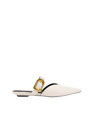 Women's white leather casual slide with pointed toe and gold buckle detailing
