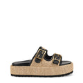 Women's natural weave raffia and black leather platform footbed slides with gold hardware