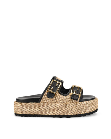 Women's natural weave raffia and black leather platform footbed slides with gold hardware