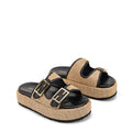 Women's natural weave raffia and black leather platform footbed slides with gold buckles