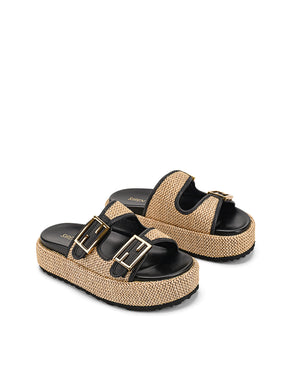 Women's natural weave raffia and black leather platform footbed slides with gold buckles