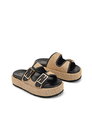 Women's natural weave raffia and black leather platform footbed slides with gold buckles