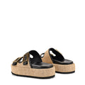 Women's natural weave raffia and black leather platform footbed slides with gold buckles