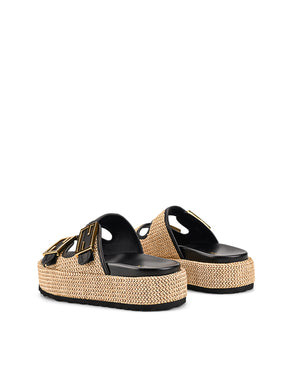 Women's natural weave raffia and black leather platform footbed slides with gold buckles