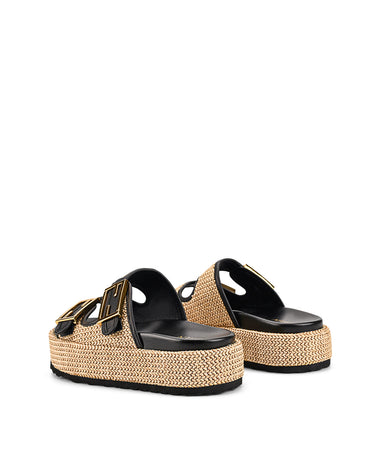 Women's natural weave raffia and black leather platform footbed slides with gold buckles