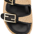 Women's natural weave raffia and black leather platform footbed slides with gold buckles