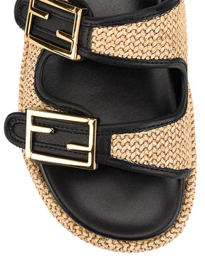Women's natural weave raffia and black leather platform footbed slides with gold buckles