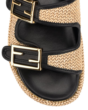 Women's natural weave raffia and black leather platform footbed slides with gold buckles
