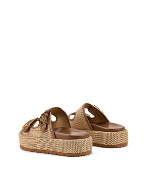 Women's natural weave raffia and tan leather platform footbed slides with gold buckles