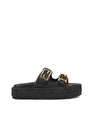 Women's black weave and black leather footbed platform slide