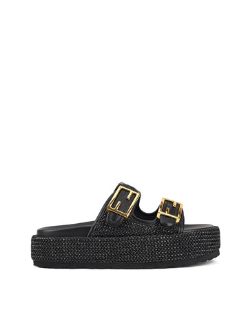 Women's black weave and black leather footbed platform slide