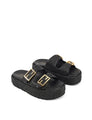 Women's black weave and black leather footbed platform slide