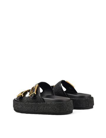 Women's black weave and black leather footbed platform slide