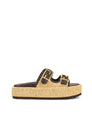 Women's natural raffia with chocolate brown leather platform footbed slides with gold buckles