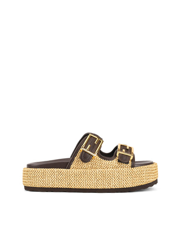 Women's natural raffia with chocolate brown leather platform footbed slides with gold buckles