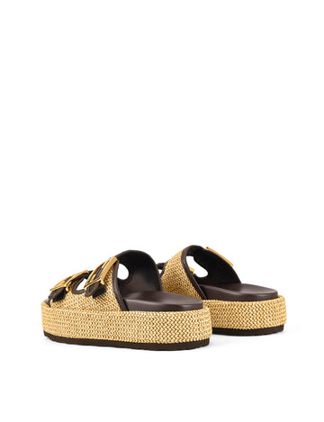 Women's natural raffia with chocolate brown leather platform footbed slides with gold buckles