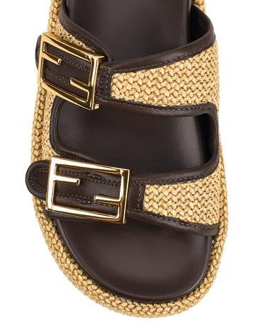 Women's natural raffia with chocolate brown leather platform footbed slides with gold buckles