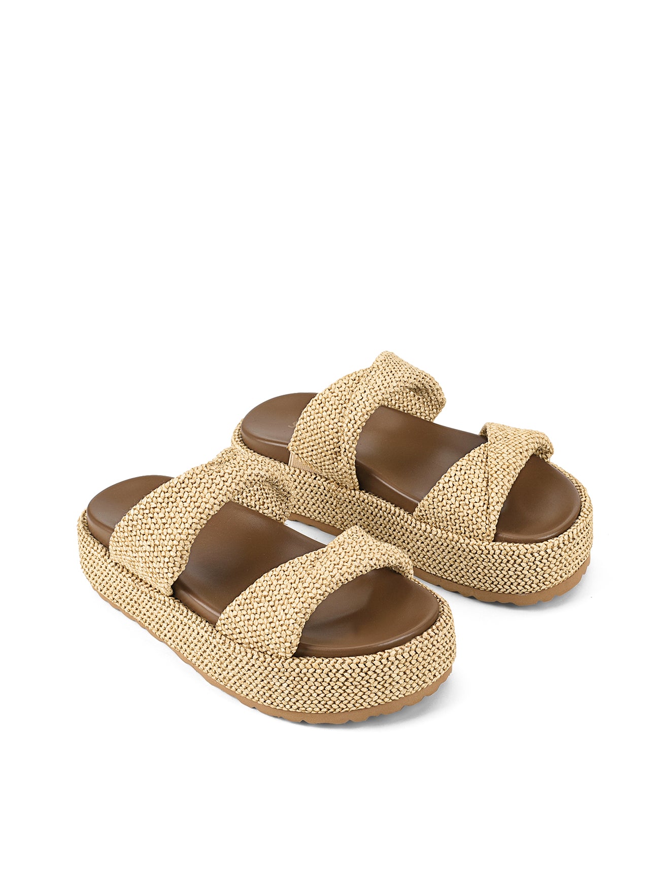 Women's natural weave raffia and leather chunky platform footbed slides 