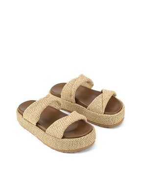 Women's natural weave raffia and leather chunky platform footbed slides 