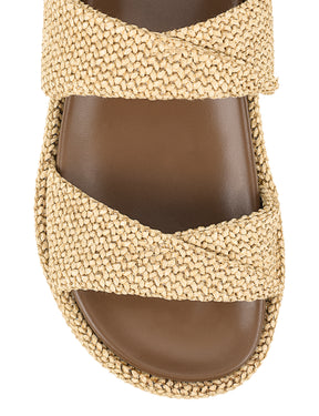 Women's natural weave raffia and leather chunky platform footbed slides 