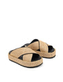 Women's natural weave raffia and black leather platform footbed slides