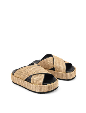 Women's natural weave raffia and black leather platform footbed slides