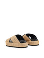 Women's natural weave raffia and black leather platform footbed slides