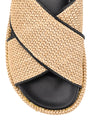 Women's natural weave raffia and black leather platform footbed slides