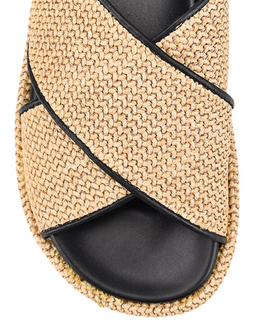Women's natural weave raffia and black leather platform footbed slides