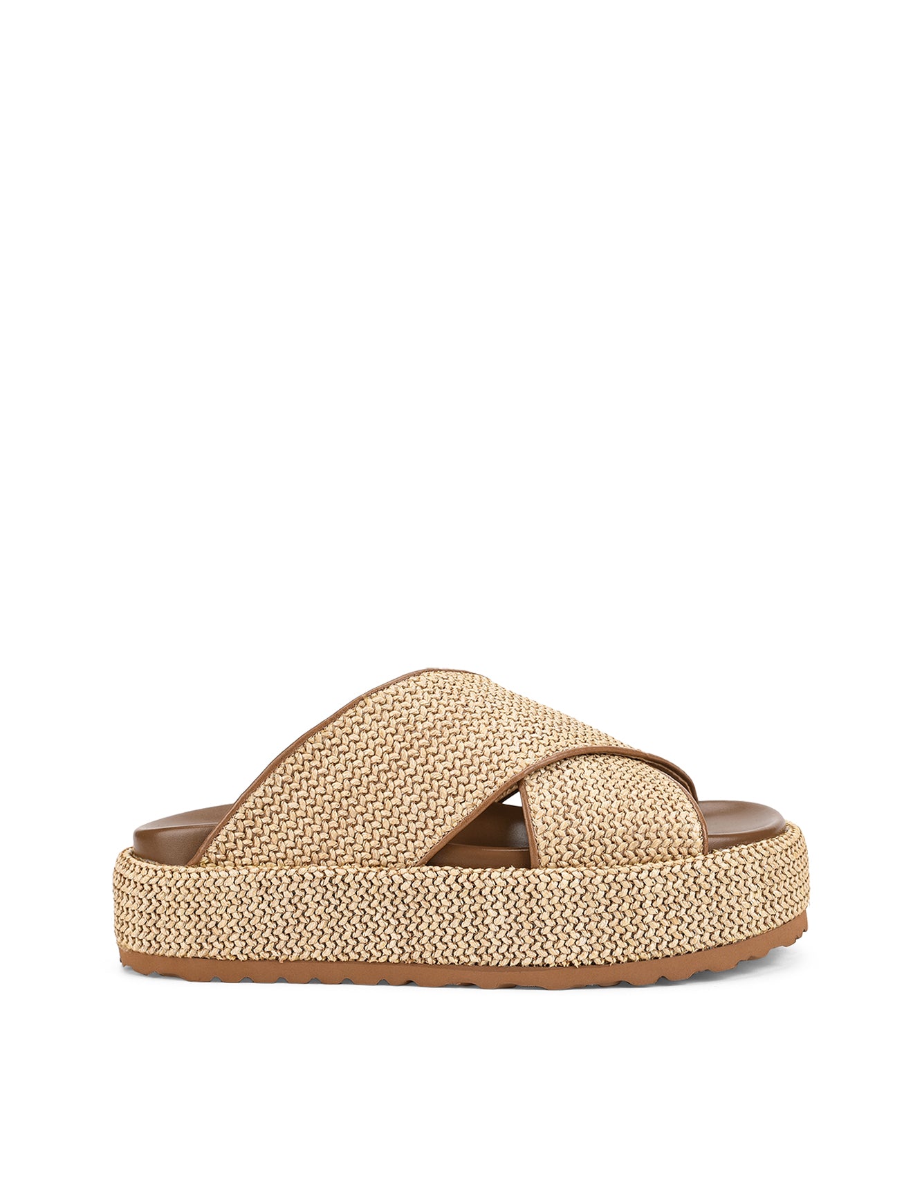 Women's natural weave raffia and tan leather platform footbed slides